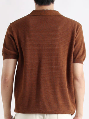 Brown short-sleeve knit polo shirt with textured fabric and button detail.