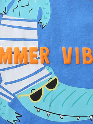 Blue cotton baby tee with playful crocodile graphic and sunglasses.