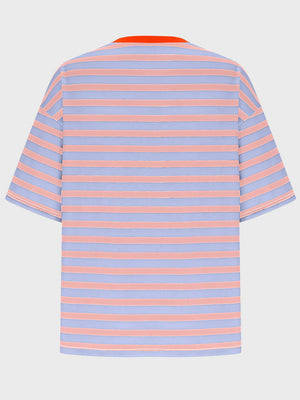 Oversized striped tee with dropped sleeves in light blue and fuchsia pink, featuring an orange neckline.