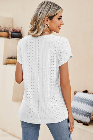 White eyelet sleeve detail v-neck top with short sleeves and a breathable casual fit.