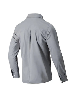 Gray Oxford button-down shirt with relaxed fit and back pleats.