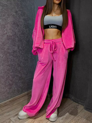 Zip Up Cropped Outerwear And Pants Set in Apricot, front view