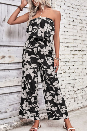 Black floral ruffle bandeau palazzo jumpsuit with wide legs.