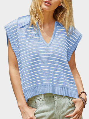 Light blue ribbed knit polo vest with white stripes and a v-neck.