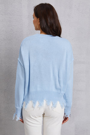 Light blue acrylic sweater with distressed hem and cuffs, crew neck, long sleeves.