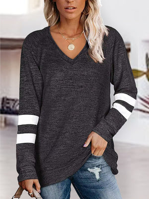Chic Vibe raglan t-shirt in charcoal with white stripes on sleeves, V-neck.