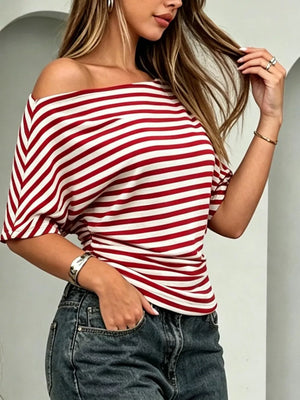 One Shoulder Striped Dolman Sleeve T-shirt in Gray, fabric detail