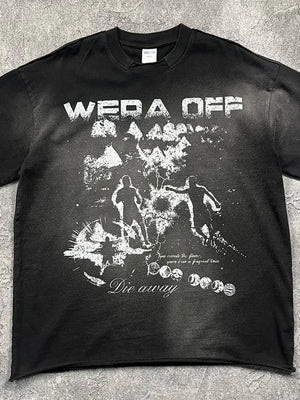 Black distressed graphic tee with "Wera Off" text and abstract figures.