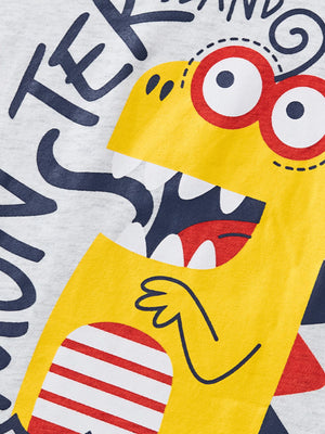 Toddler grey cotton crew neck tee with a yellow monster graphic and red stripes.