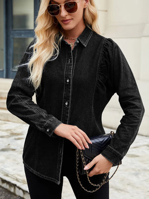 Black denim blouse with ruffled puff sleeves and button front.