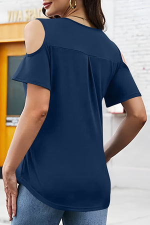 Navy cold shoulder flutter sleeve top with back pleat detail