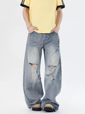 Men's light wash distressed wide-leg jeans, 100% cotton, relaxed fit