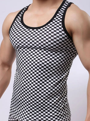 Black and white checkered racerback tank top with black trim.