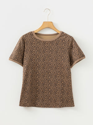 Brown leopard print relaxed fit t-shirt with crew neck and short sleeves.