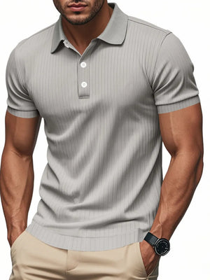 Gray ribbed polo shirt with short sleeves and a two-button placket.