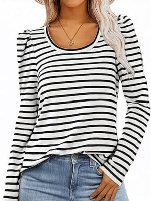 Breton stripe tee with puff sleeves and scoop neck in black and white.