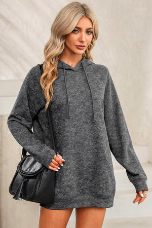 Charcoal textured raglan sleeve hoodie with drawstring hood and front pocket.
