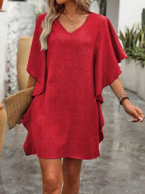 Red mini dress with V-neck and ruffled flutter sleeves.