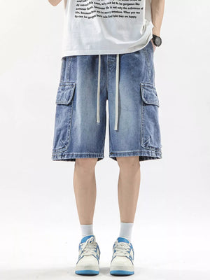 Men's denim cargo shorts in Vintage Blue with drawstring waist and multiple pockets.