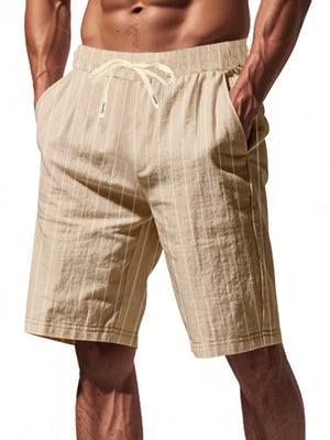 Khaki striped chino shorts with drawstring waist and pockets
