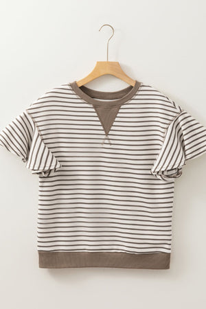 Brown striped tee with contrast neckline and flounce sleeves