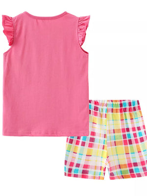 Toddler girls' pink cotton set with ruffled sleeves and colorful plaid shorts.