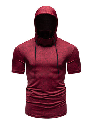 Men's burgundy heathered short sleeve hooded t-shirt with cowl neck and drawstring