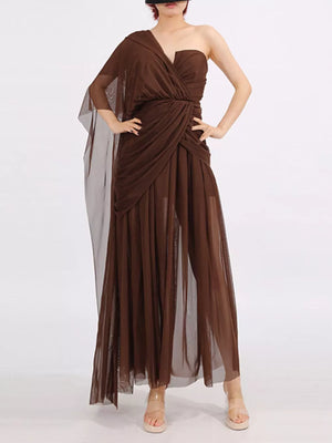 Draped one-shoulder maxi dress in coffee brown with sheer overlay and ruched waist.