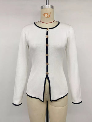 Contrast Trim Button Decor Knit Top in White, view 11