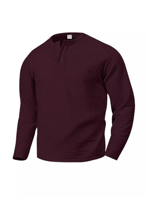 Men's wine red waffle knit henley t-shirt with button placket.