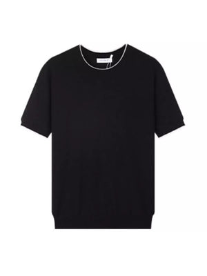 Black crew neck t-shirt with contrast white trim and short sleeves.