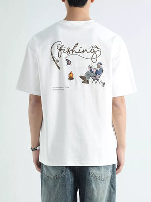 White cotton graphic tee with fishing scene and text print on back.