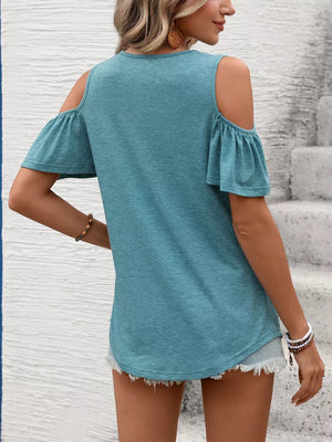 Blue-green ruched cold shoulder t-shirt with ruffled short sleeves.