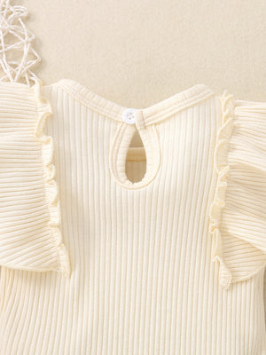 Ribbed baby set in cream with ruffle trim sleeves and keyhole back detail.