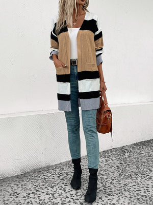 Textured stripe open-front cardigan in camel, black, white, and gray acrylic with pockets.
