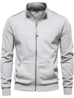 Gray track jacket with zip-up front, stand collar, and black side stripes.