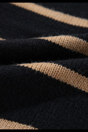 Chunky stripe button-down cardigan in black and beige acrylic knit.