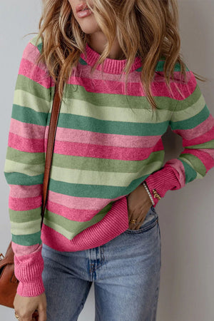 Crewneck knit sweater with pink, green, and light green stripes.