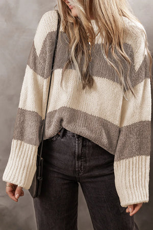 Relaxed fit acrylic blend sweater with bold horizontal stripes in cream and mocha.