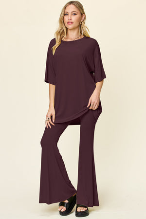 Deep Red oversized tee and flare leg pants set.
