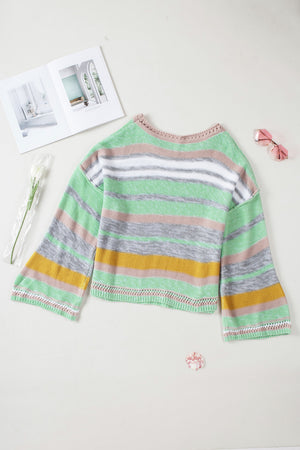 Open-shoulder striped knit pullover in Gum Leaf with bell sleeves and crochet neckline detail.