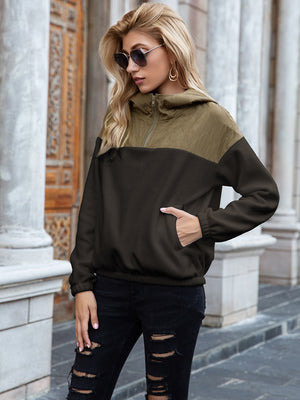 Quilted Shoulder Block Fleece Hoodie in Khaki and Chocolate with quarter zip and front pocket.