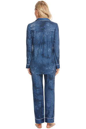 Piped trim pajama set in multicolor tie-dye with long sleeves and pants.