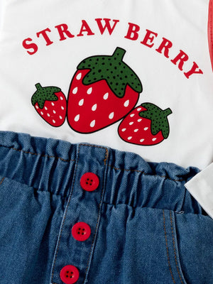 Children's Strawberry Long Sleeve Top And Jeans Set in White, close-up detail