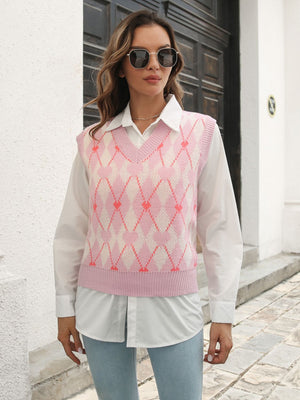 Argyle knit vest in blush pink with heart motif, v-neck, acrylic.
