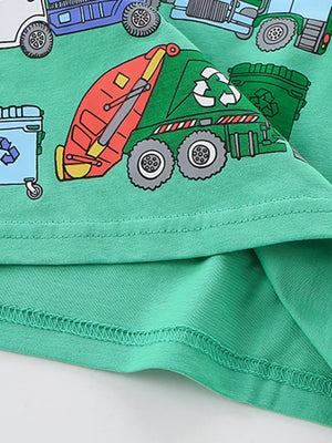 Toddler green cotton t-shirt with a fun truck print featuring a recycling truck and garbage truck.