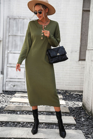 Army green textured knit henley midi dress with button detail and long sleeves.