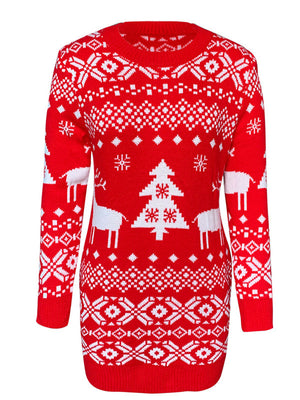 Red knit mini dress with Fair Isle pattern, Christmas trees and reindeer.