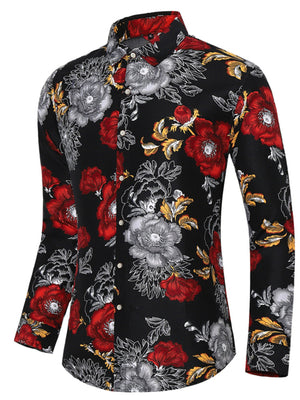 Men's black floral print button-down shirt with red and grey flowers.