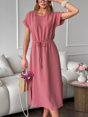Casual Drawstring Waist Midi Dress in Deep Rose, fabric detail